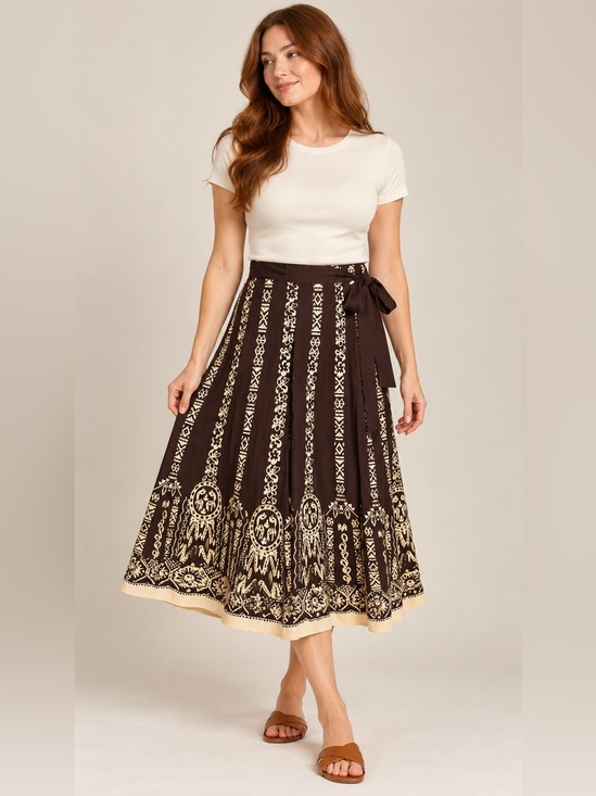 Millenium Dresses & Skirts - NWT Millenium Brown & Cream Printed True Wrap Midi Skirt Size S
